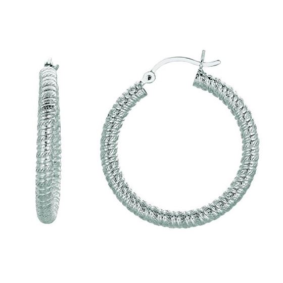 Ladies White Rhodium Silver Textured Hoop Earring AGE779