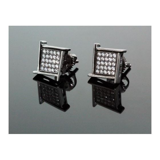 .925 Sterling Silver Black Square Spikes White Crystal Micro Pave Unisex Mens Stud Earrings 10mm 1