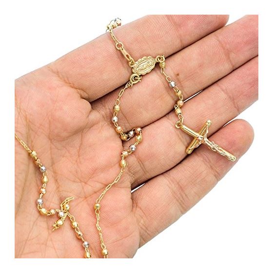 14K 3 TONE Gold HOLLOW ROSARY Chain - 18 Inches Long 3MM Wide 3