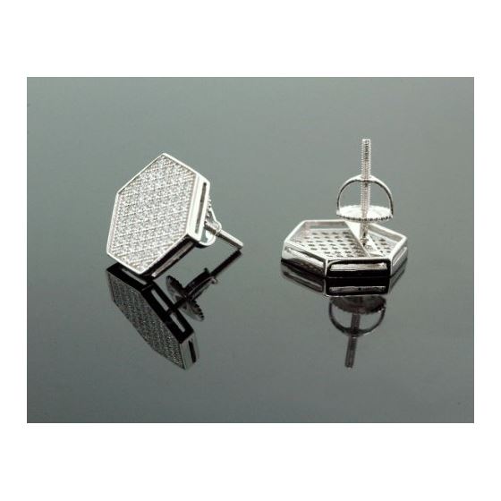 .925 Sterling Silver White Hexagon White Crystal Micro Pave Unisex Mens Stud Earrings 3