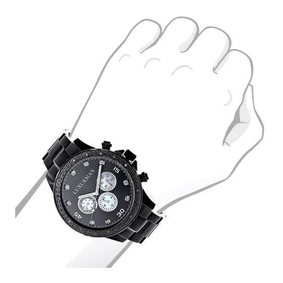 Midsize Mens Black Real Diamond Watch by Luxurman Phantom 0.25ct Swiss Movement 3