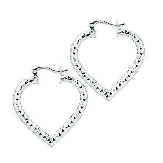 Ladies White Rhodium Silver Diamond Cut Hoop Earring AGE575