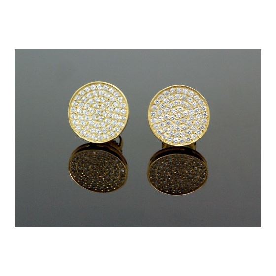 .925 Sterling Silver Yellow Circle White Crystal Micro Pave Unisex Mens Stud Earrings 1