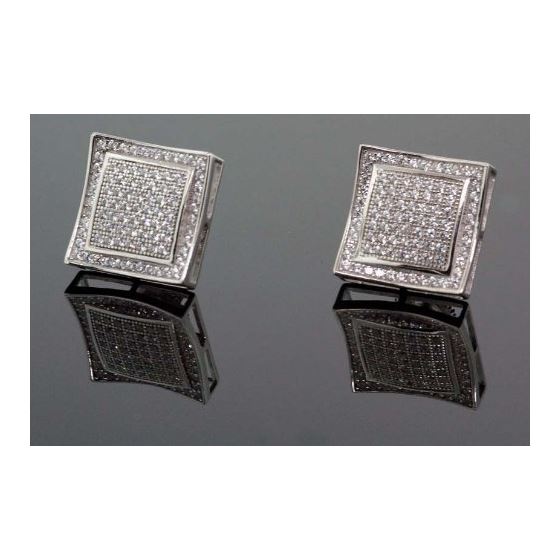 .925 Sterling Silver White Square White Crystal Micro Pave Unisex Mens Stud Earrings 1