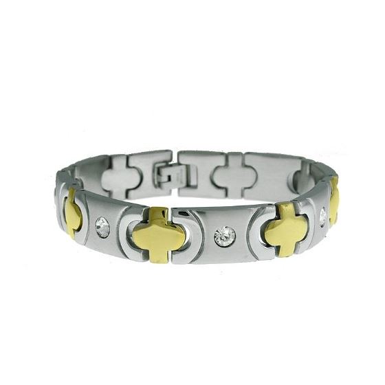 "Mens Womens Two Tone Yellow Stainless Steel Bracelet with CZ