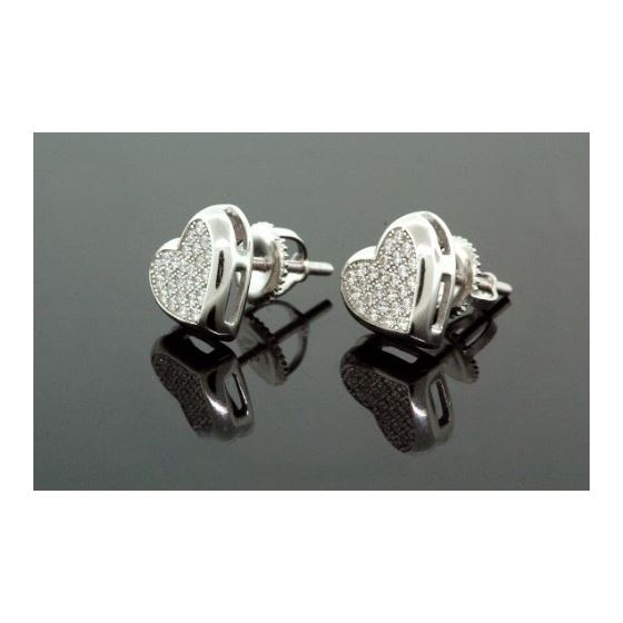 .925 Sterling Silver White Heart White Crystal Micro Pave Unisex Mens Stud Earrings 1