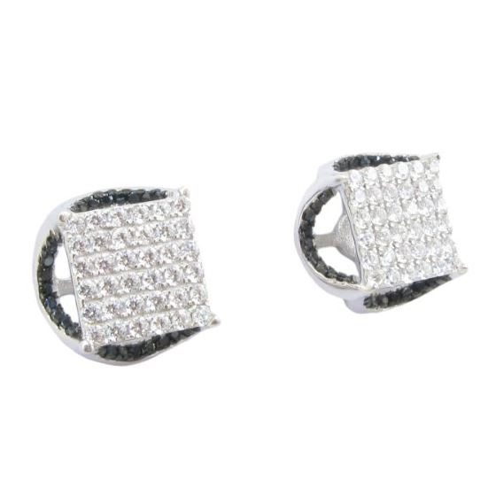 Mens .925 sterling silver White and black round square earrings MLCZ188 6mm thick and 12mm wide Size