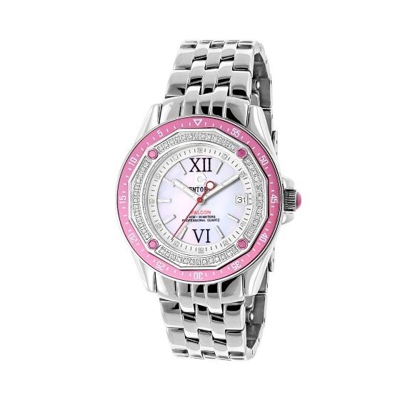 Pink Watches: Falcon Ladies Real Diamond Watch 0.50ct White MOP Leather Bands 1