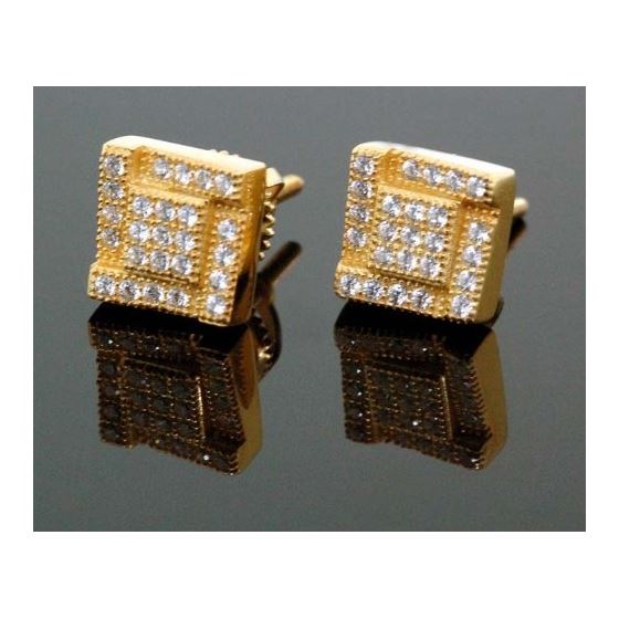 .925 Sterling Silver Yellow Square Black Onyx Crystal Micro Pave Unisex Mens Stud Earrings 1