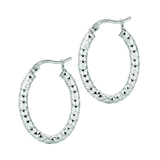 Ladies White Rhodium Silver Diamond Cut Hoop Earring AGE572