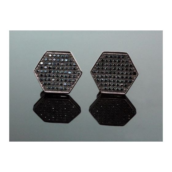 .925 Sterling Silver Black Hexagon Black Onyx Crystal Micro Pave Unisex Mens Stud Earrings 13mm 1