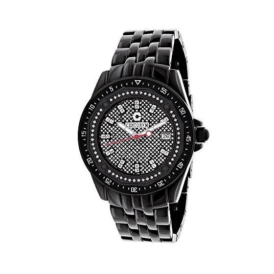 Black Mens Centorum Real Diamond Watch 0.5ct Midsize Falcon Leather Strap 1