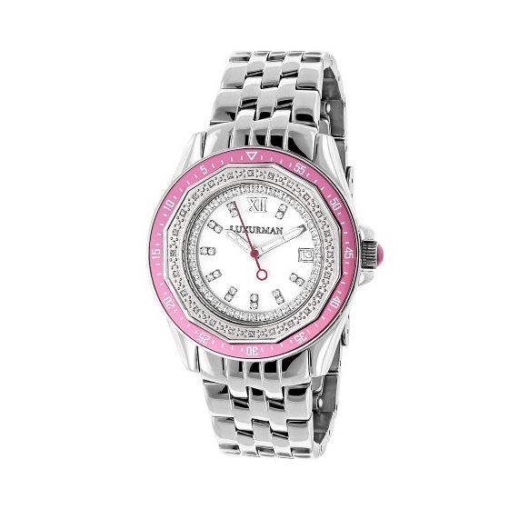 Luxurman Womens Real Diamond Pink Watch 0.25ct MOP Interchangeable Straps 1