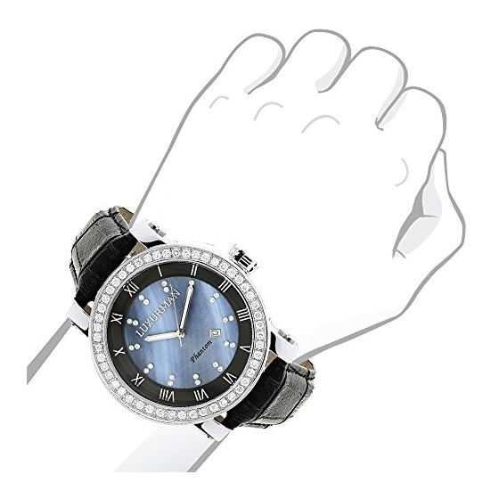 Luxurman Mens VS Diamond Bezel Watch 4.50ct Blue MOP Interchangable Leather Band 3