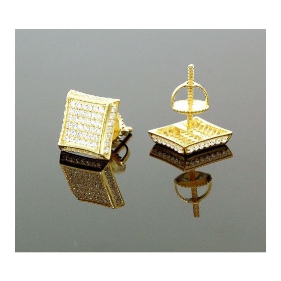 .925 Sterling Silver Yellow Square White Crystal Micro Pave Unisex Mens Stud Earrings 3