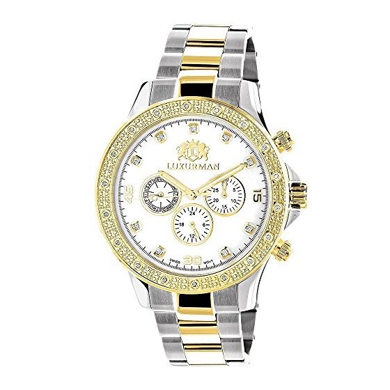 Luxurman Mens Real Diamond Watches 18k Yellow White Gold Plated Liberty MOP Dial 1