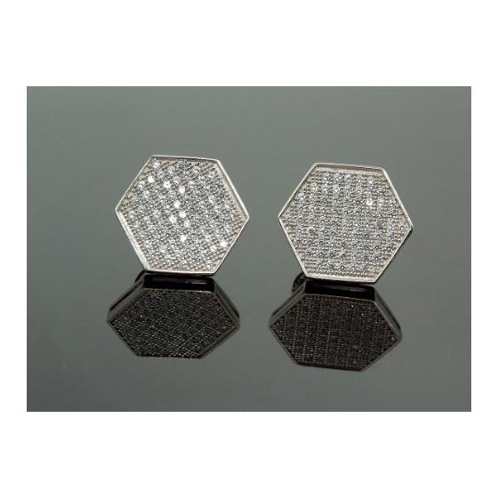 .925 Sterling Silver White Hexagon White Crystal Micro Pave Unisex Mens Stud Earrings 1