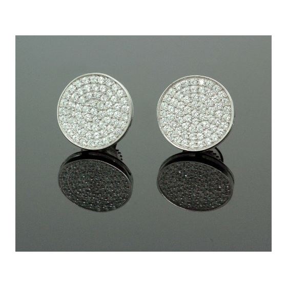 .925 Sterling Silver White Circle White Crystal Micro Pave Unisex Mens Stud Earrings 1