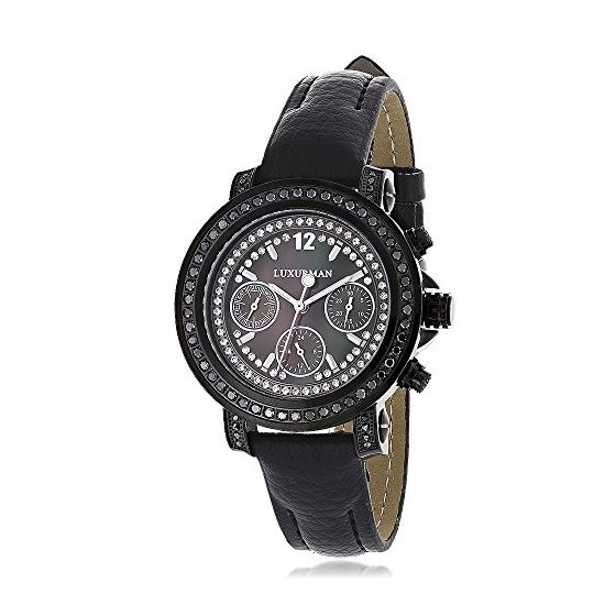 Luxurman Watches: Black Diamond Watch Genuine Leather Band for Women 2.15 carats 1