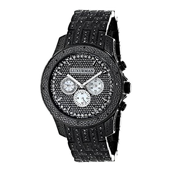 Fully Iced Out Large Mens Black Genuine Diamond Watch 1.5ct LUXURMAN Chronograph 1