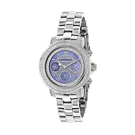 Ladies Real Diamond Watches: Luxurman Montana Blue MOP Watch 2ct Silver Band 1