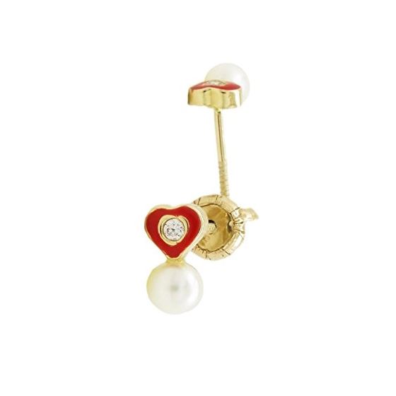 14K Yellow gold Heart cz pearl stud earrings for Children/Kids web132 1