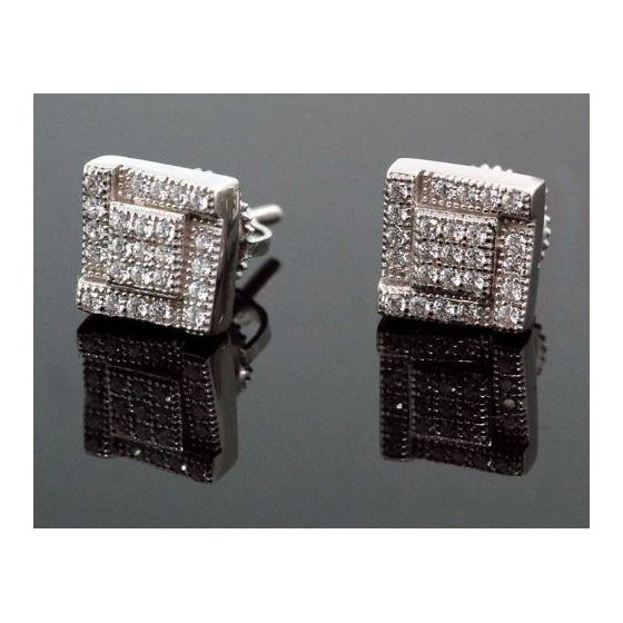 .925 Sterling Silver White Square White Crystal Micro Pave Unisex Mens Stud Earrings 1