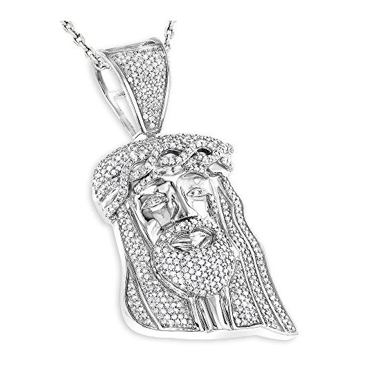 "Mini Diamond Jesus Head Pendant in Sterling Silver by LUXURMAN (0.75 Ctw