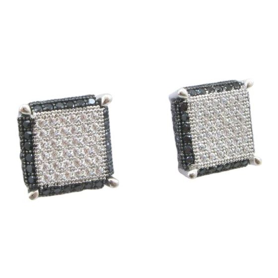 Mens .925 sterling silver White and black 10 row square earring MLCZ71 4mm thick and 10mm wide Size 