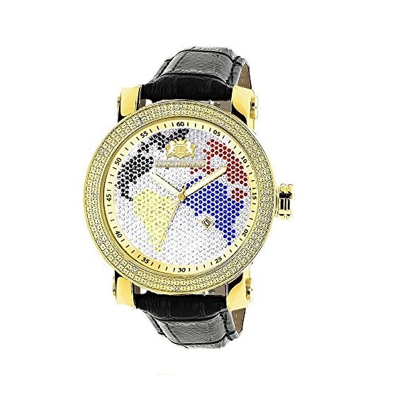 Luxurman Watches World Map Mens VS Diamond Watch .18ct Paved Multicolor Stones 1