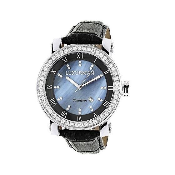 Luxurman Mens VS Diamond Bezel Watch 4.50ct Blue MOP Interchangable Leather Band 1