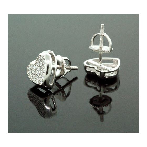 .925 Sterling Silver White Heart White Crystal Micro Pave Unisex Mens Stud Earrings 3