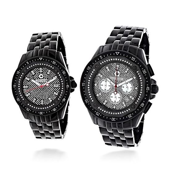 His and Hers Matching Centorum Chronograph Real Diamond Watch Set 1.05ct Black 1