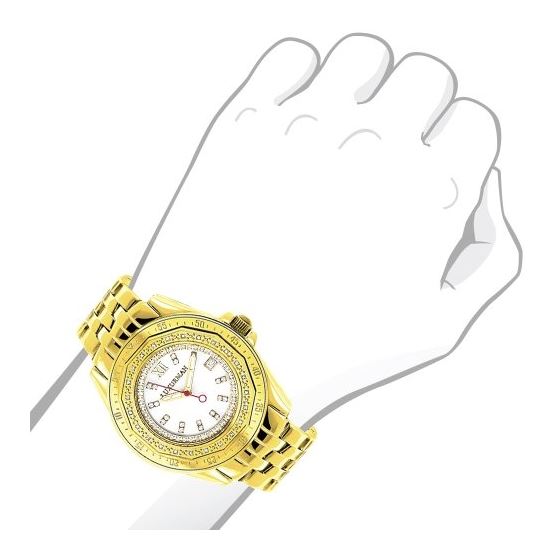 Womens Genuine Diamond Watch 0.25ct Yellow Gold Luxurman MOP Leather Strap 3