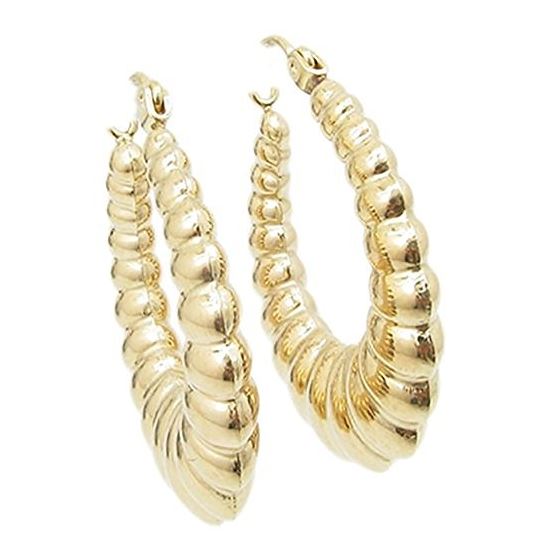 10k Yellow Gold Fancy puff bamboo gold hoop earrings 24 Millimeters