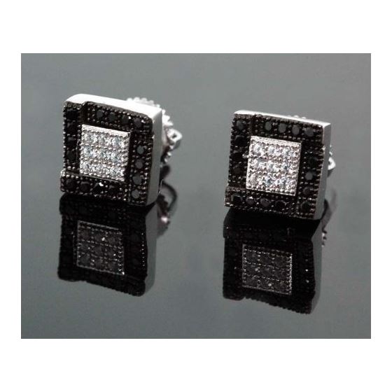 .925 Sterling Silver White Square White and Black Onyx Crystal Micro Pave Unisex Mens Stud Earrings 