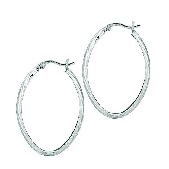 Ladies White Rhodium Silver Textured Hoop Earring AGE584