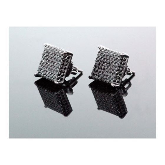 .925 Sterling Silver Black Square Black Onyx Crystal Micro Pave Unisex Mens Stud Earrings 12mm 1