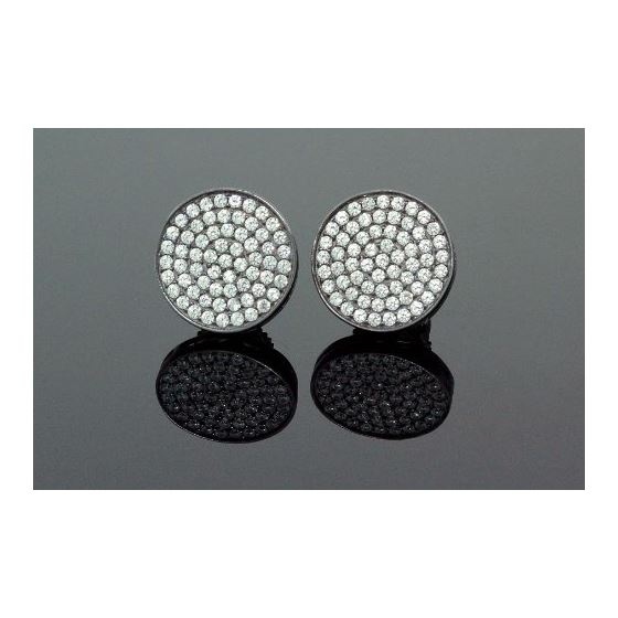 .925 Sterling Silver Black Circle White Crystal Micro Pave Unisex Mens Stud Earrings 8mm 1