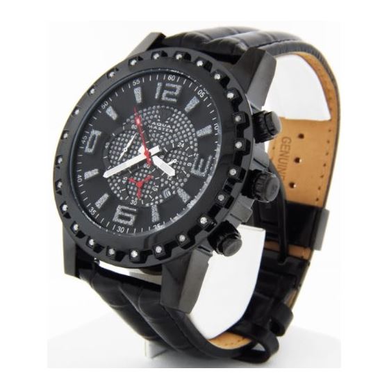 Mens Black Chrono Dial Black Leather Quartz Diam-3