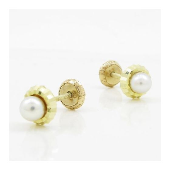 14K Yellow gold Round fancy flower pearl stud earrings for Children/Kids web210 3