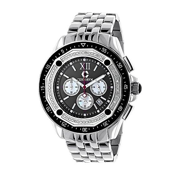 Centorum Real Diamond Watch Mens White MOP Chronograph Falcon 0.55ct Silver Tone 1