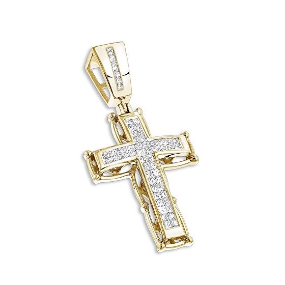 14K Mens Cross Pendant Princess Cut Natural 1 Ctw