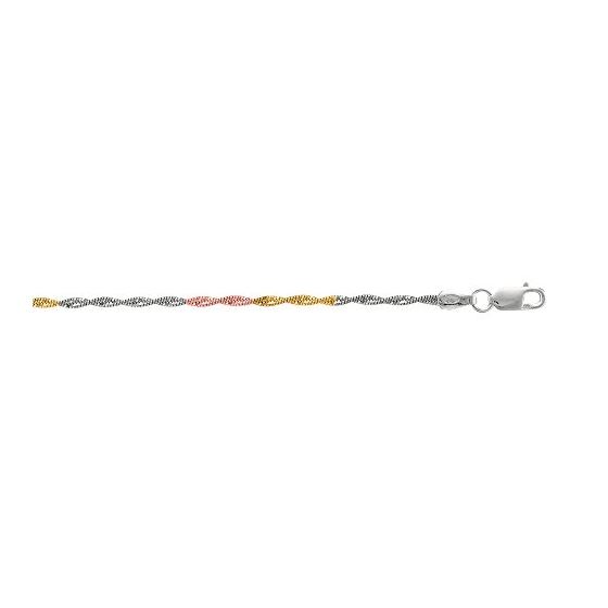 Silver with Rose Rhodium Yellow Finish Singapore Tri-Color Fancy Anklet