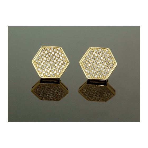 .925 Sterling Silver Yellow Hexagon White Crystal Micro Pave Unisex Mens Stud Earrings 1