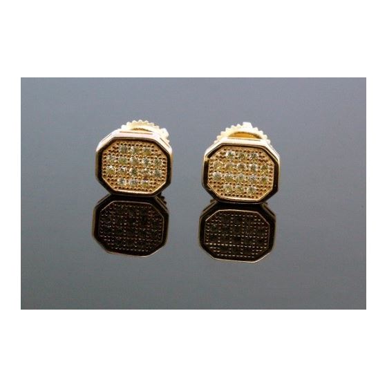 .925 Sterling Silver Yellow Octagon Yellow Crystal Micro Pave Unisex Mens Stud Earrings 1