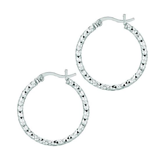 Ladies White Rhodium Silver Diamond Cut Hoop Earring AGE556