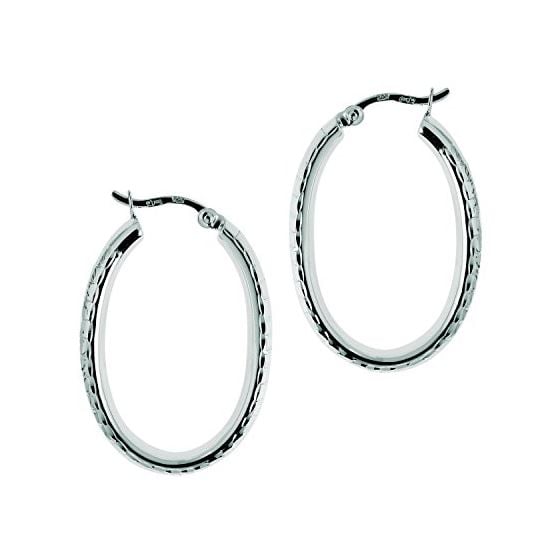 Ladies White Rhodium Silver Textured Hoop Earring AGE312