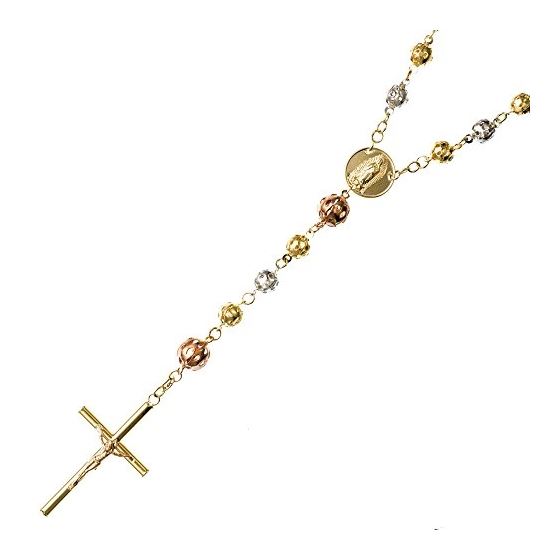 14K 3 TONE Gold HOLLOW ROSARY Chain - 30 Inches Long 6.2MM Wide 1