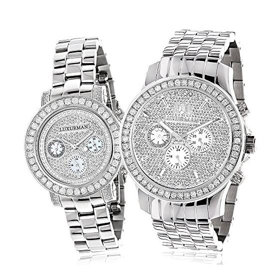 Genuine New Matching His and Hers Real Diamond Bezel Watch Set 6ct by Luxurman 1